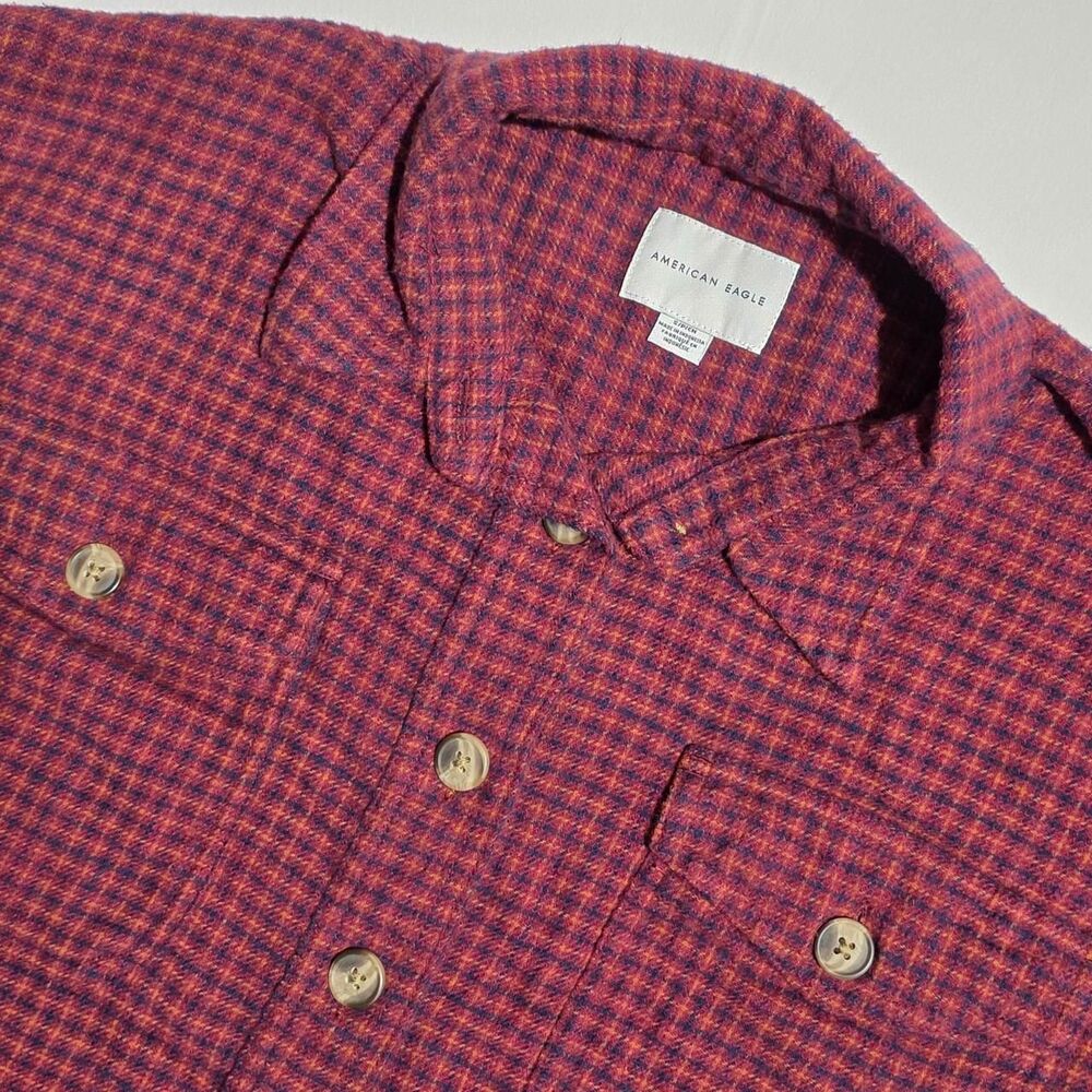 American Eagle Cropped Flannel Shirt Shacket Red Burgundy Checkered Plaid Small